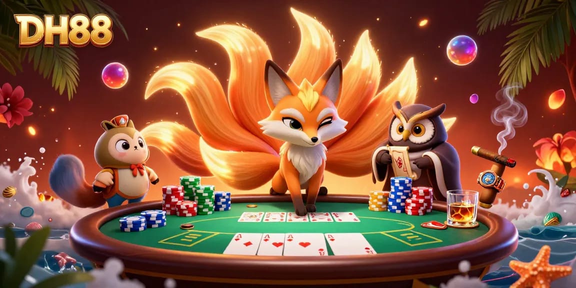 Experience the thrill of poker at DH88 with a dynamic gaming scene featuring a vibrant nine-tailed fox spirit.