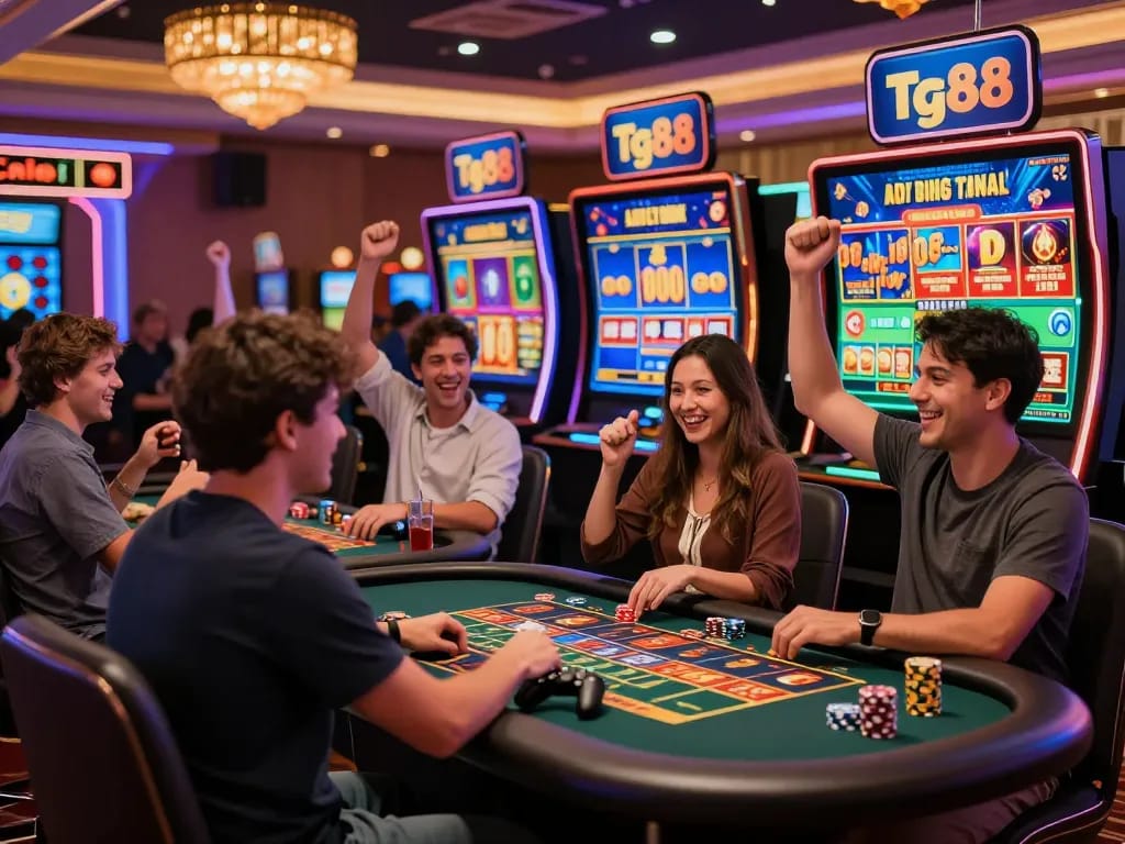 Players immersed in the thrilling experience at tg88 online casino, showcasing vibrant games and excitement.
