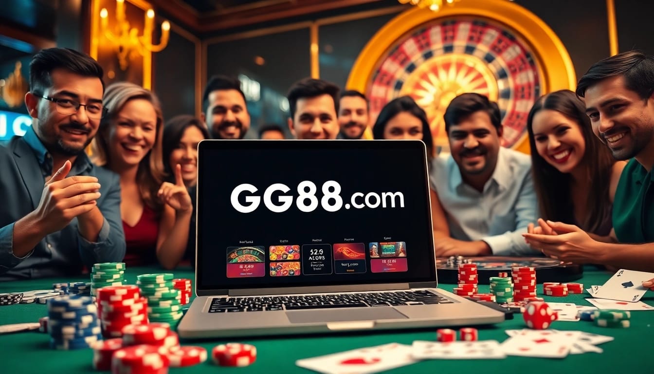 Engaging online gambling scene showcasing gg88com with poker chips and cards.