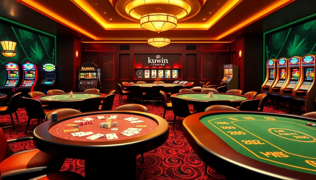 Kuwin.com offers a vibrant scene of casino excitement with players engaging in poker and slot games, showcasing strategic play.