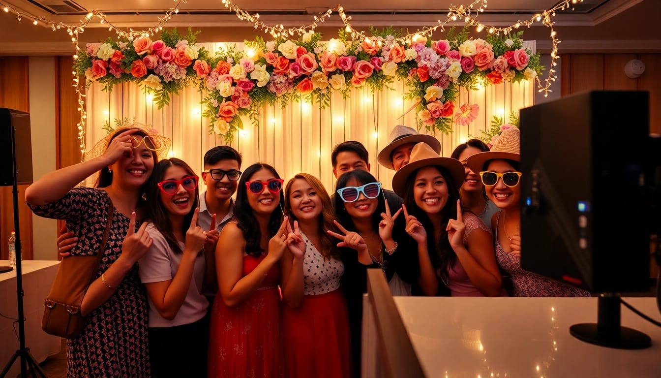 Capture joyful guests using a photo booth rental with floral backdrop and festive props.