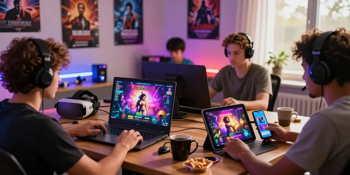 A vibrant scene showing gamers playing diverse porn games HTML on devices in a cozy gaming setup.