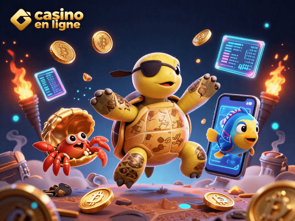 Casino en ligne : Explorez une scène animée avec une tortue pirate, un crabe et un poisson dans un univers de crypto.