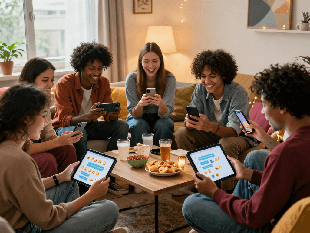 Friends enjoying a lively spicychat conversation with smartphones in a cozy setting.