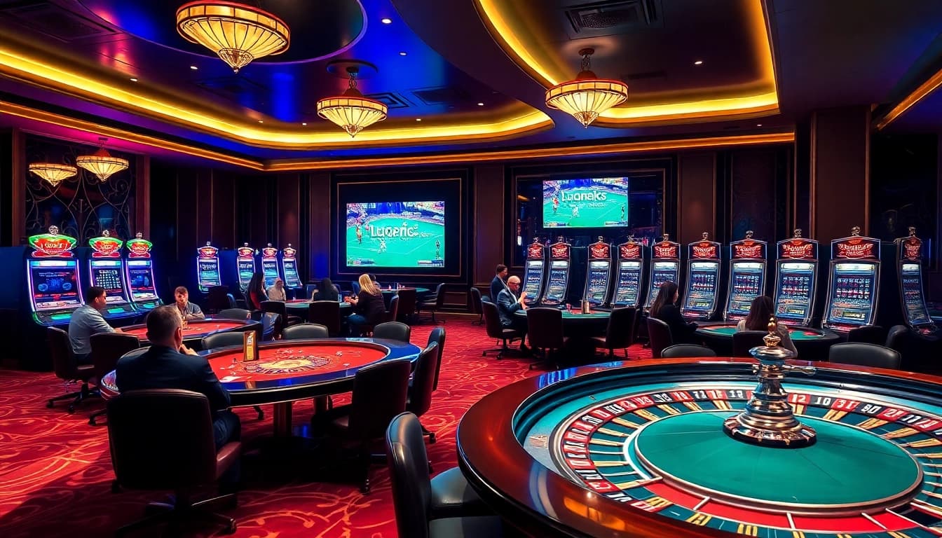 Luongsontv enhances sports betting with a lively casino atmosphere showcasing poker tables and roulette wheels.
