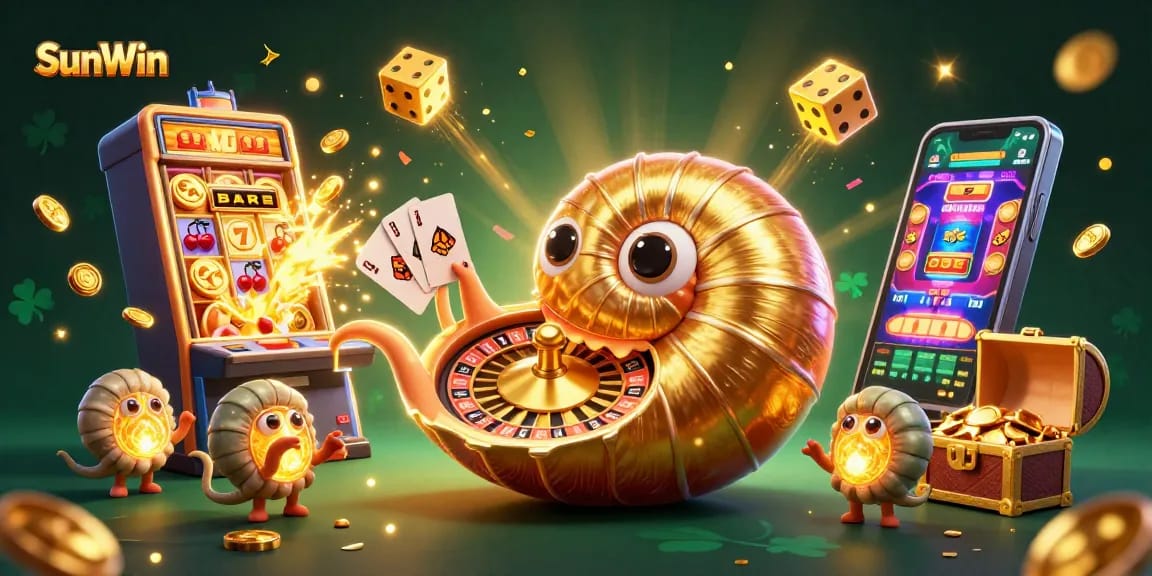 Experience the excitement of SunWin with colorful slot machines and dynamic casino elements in a vibrant scene.