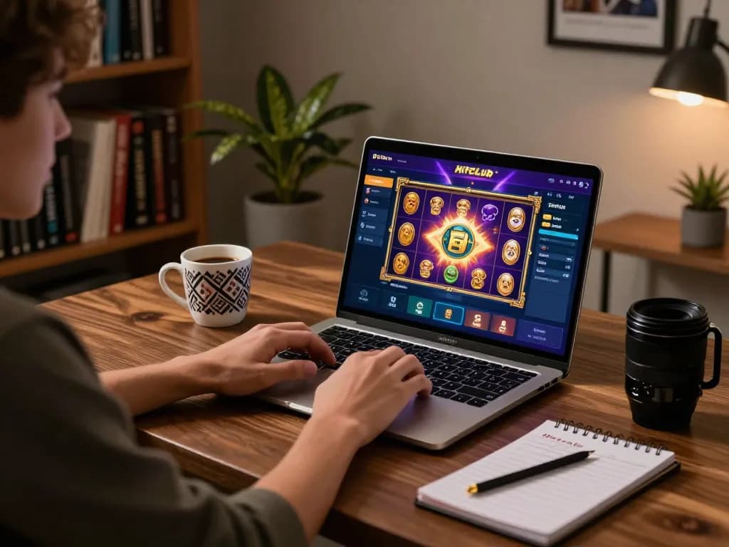 Engaging scene of a player tải hitclub with laptop open on a cozy desk, gaming interface visible, reflecting strategy and excitement.