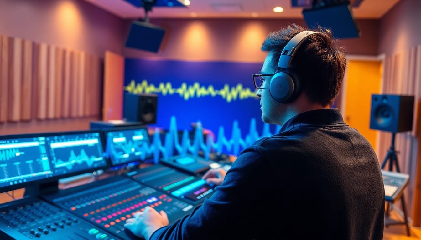 Promote online mastering services in a vibrant recording studio capturing the energetic essence of sound engineering.