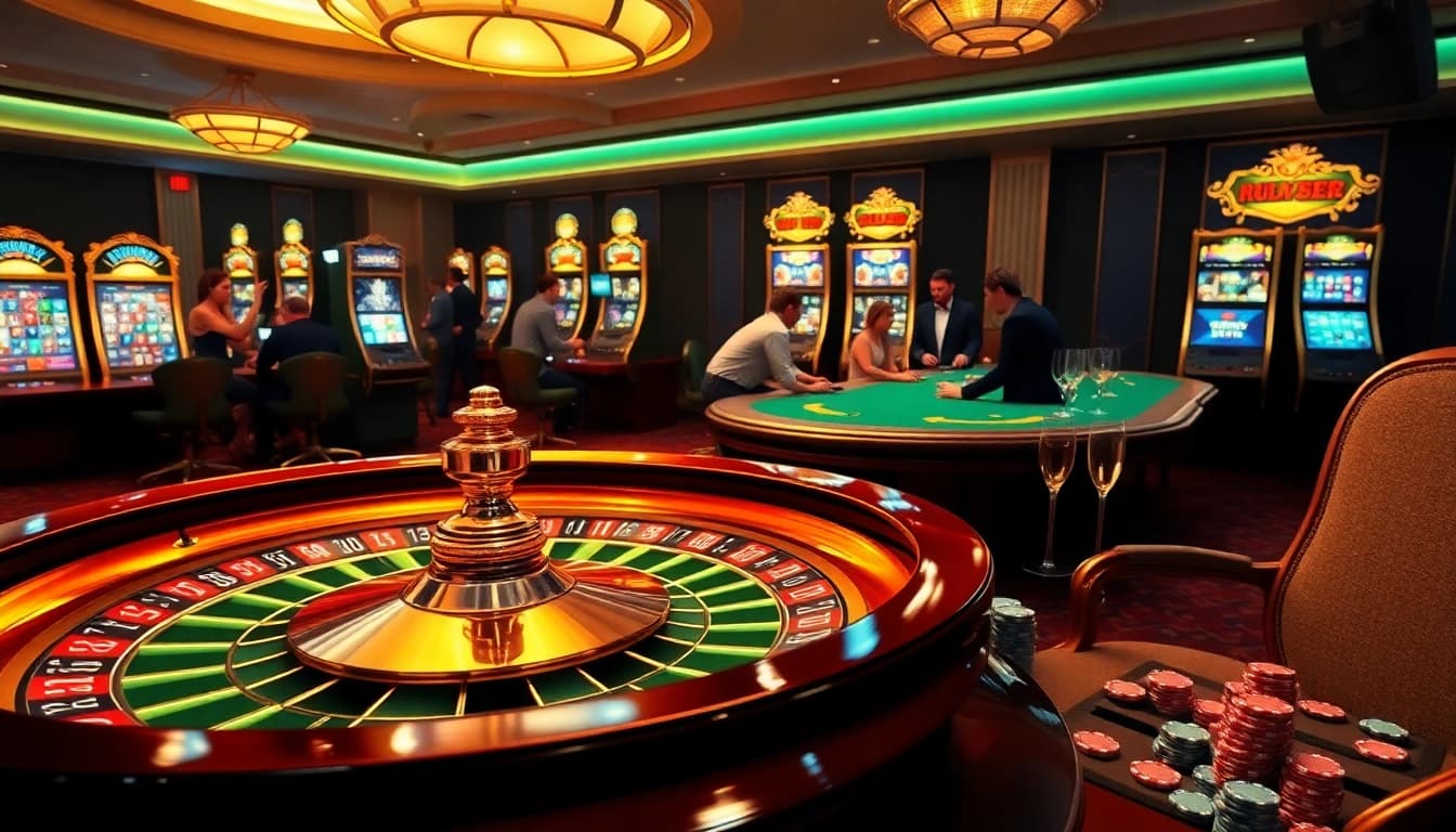 Experience thrilling gambling at 68VIP with a vibrant casino scene featuring roulette, poker, and slot machines.