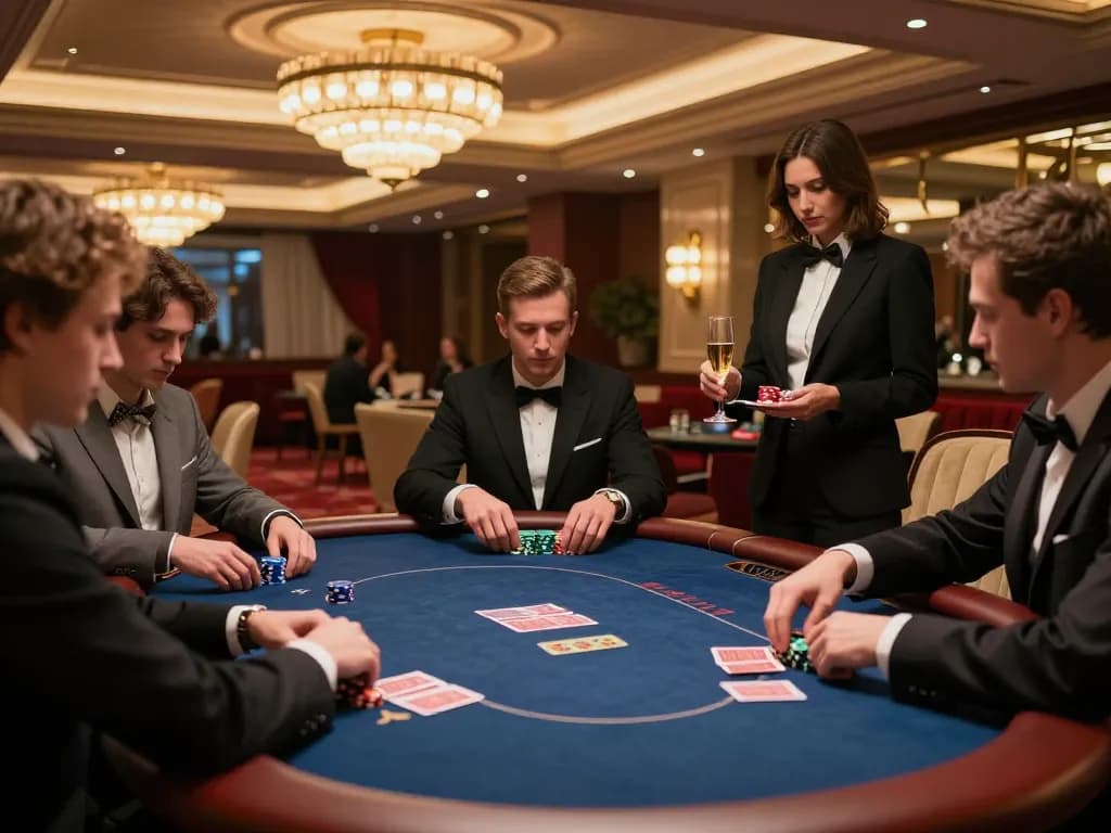 Players at 789win1 engaging in high-stakes poker in a luxurious VIP gaming area.