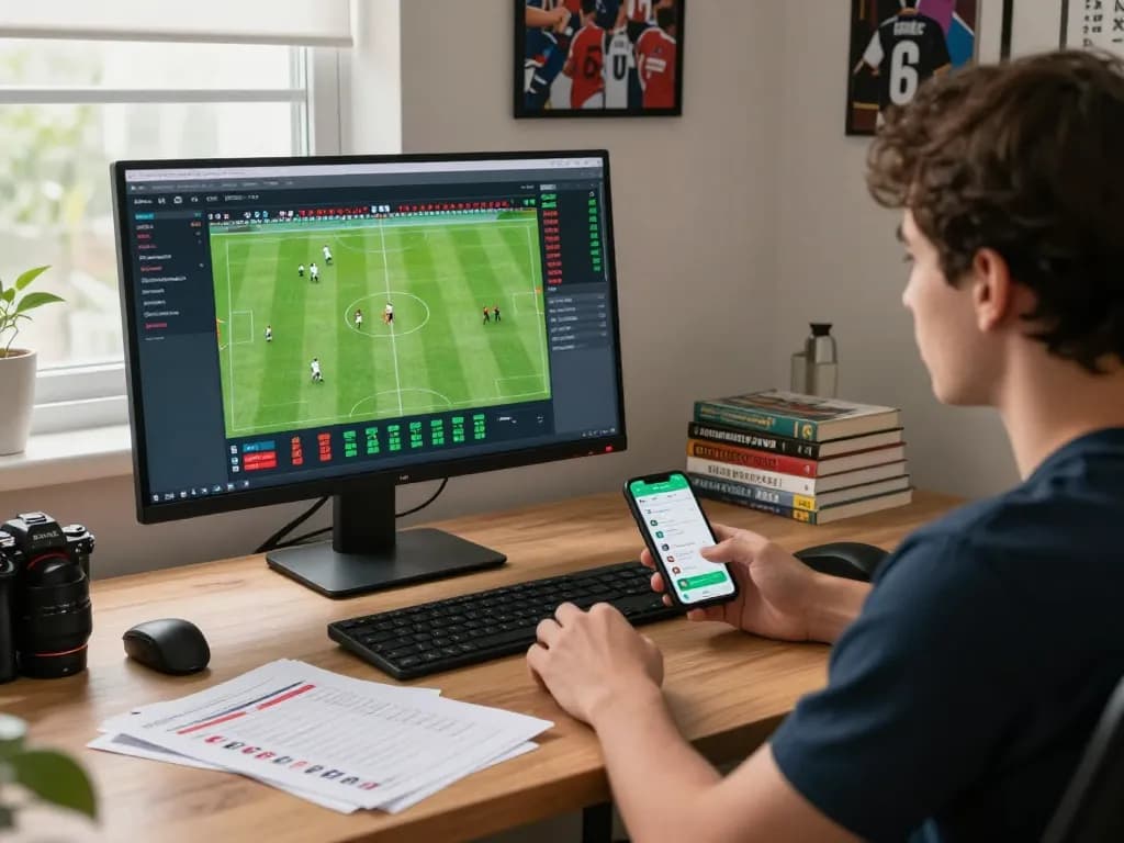 Focused individual analyzing kèo nhà cái data in a contemporary home office.