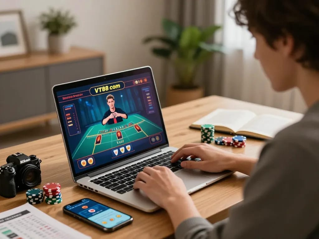 Engaging in online gameplay at home, showcasing VT88 com experience with a laptop and smartphone.
