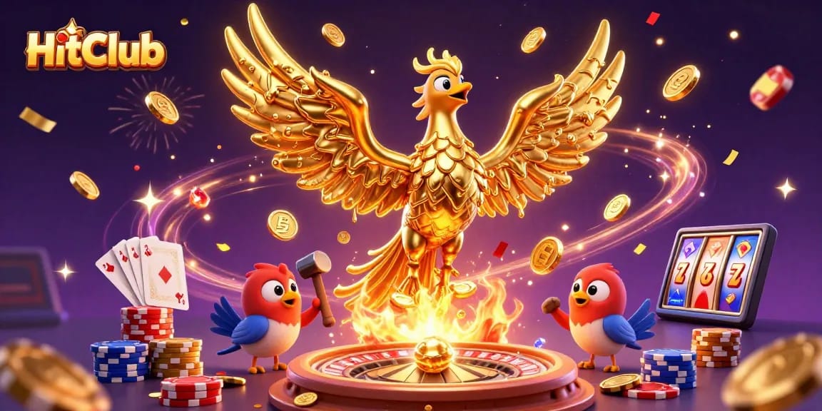 HitClub engages players with a golden phoenix and coins in a dynamic casino scene.
