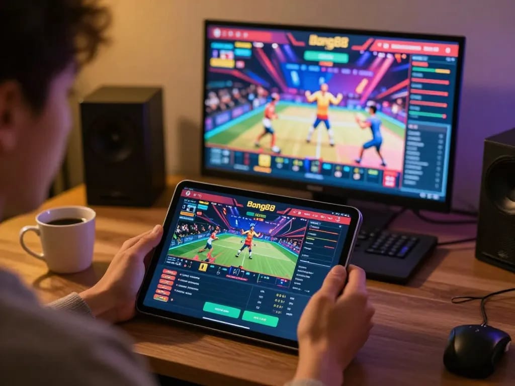 Bong88 user placing bets on a tablet, showcasing modern online gambling interface amidst a comfortable home setting