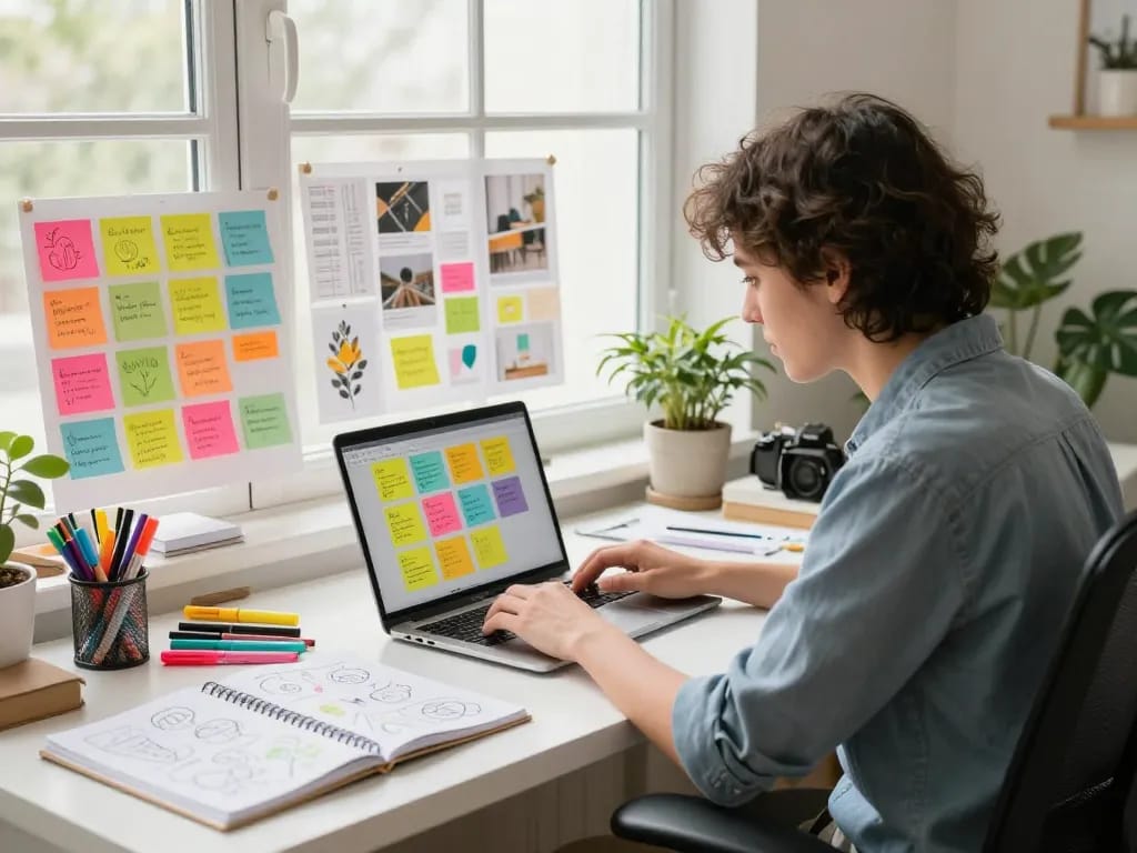 Engaging workspace scene with custom sticky notes being designed, showcasing creativity and vibrant colors.