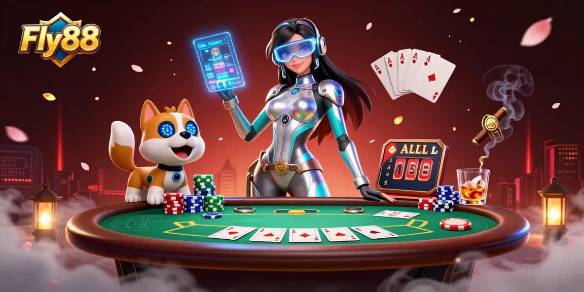 Win big at Fly88 with interactive 3D casino experience showcasing poker and animated characters.