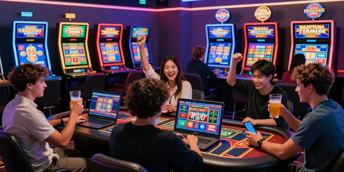 Players enjoying games at a non UK casino, showcasing excitement and vibrant digital atmosphere.