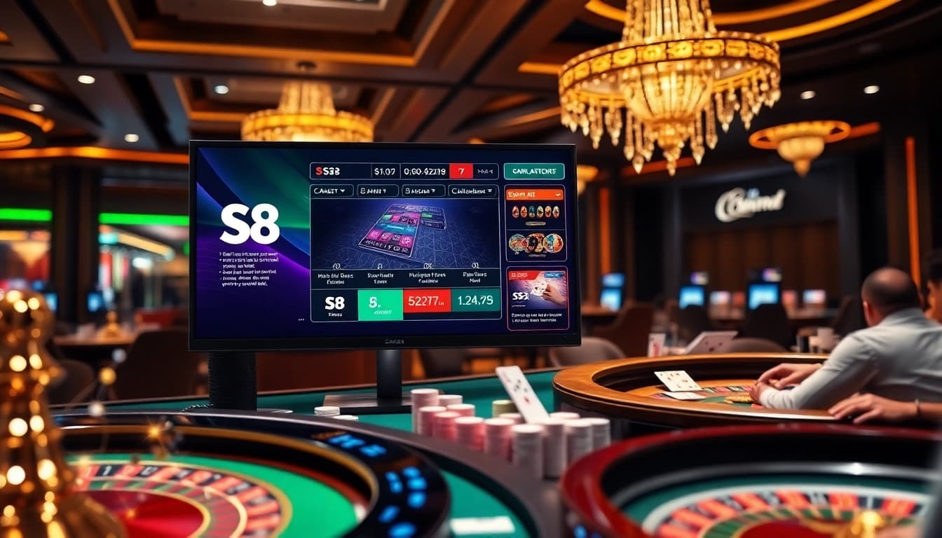 S8 gaming platform interface surrounded by casino tables, poker chips, and illuminated roulette wheel.