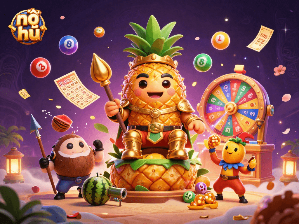 Engage with nổ hũ excitement as the golden pineapple king rules in a vibrant casino scene full of dynamic gaming elements.