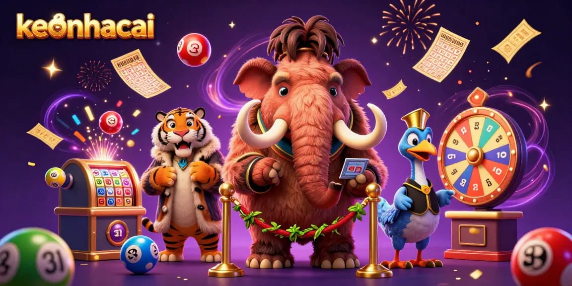 Join the fun at keonhacai with a whimsical illustration of a casino scene featuring a mammoth bouncer and VIP guest.