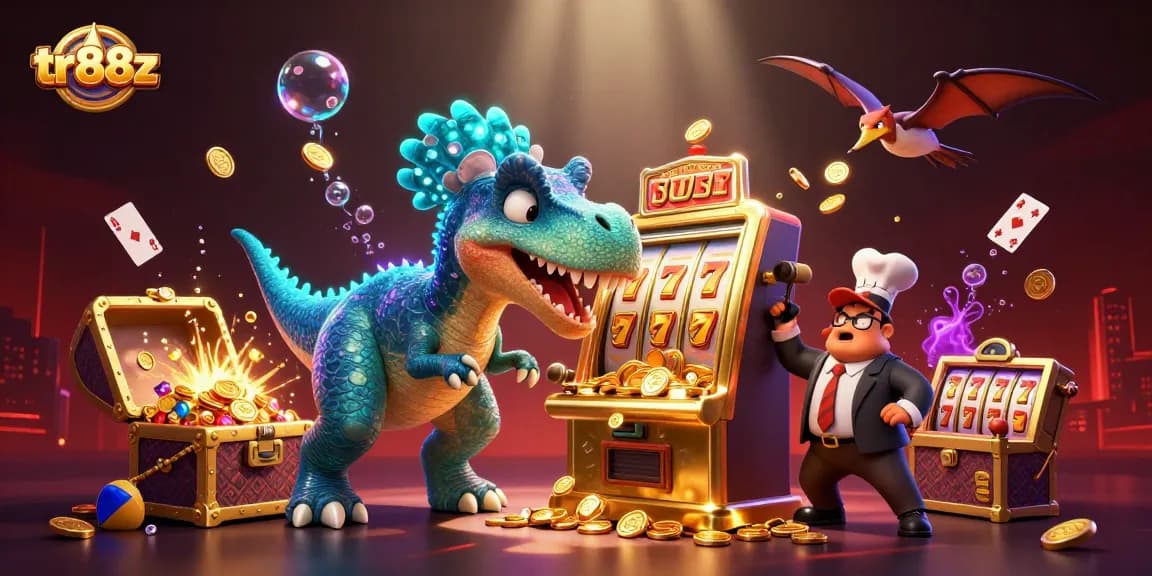 Dive into the excitement at tr88z as a pachycephalosaurus wins jackpot coins from a golden slot machine in a vibrant casino landscape.