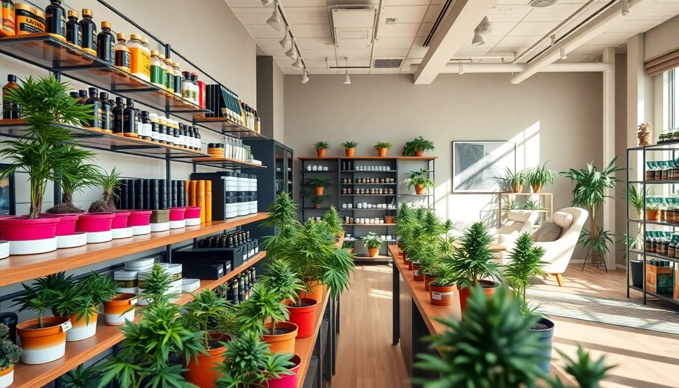 Cannabis & Weed for Sale UK displayed prominently in a vibrant cannabis shop interior.