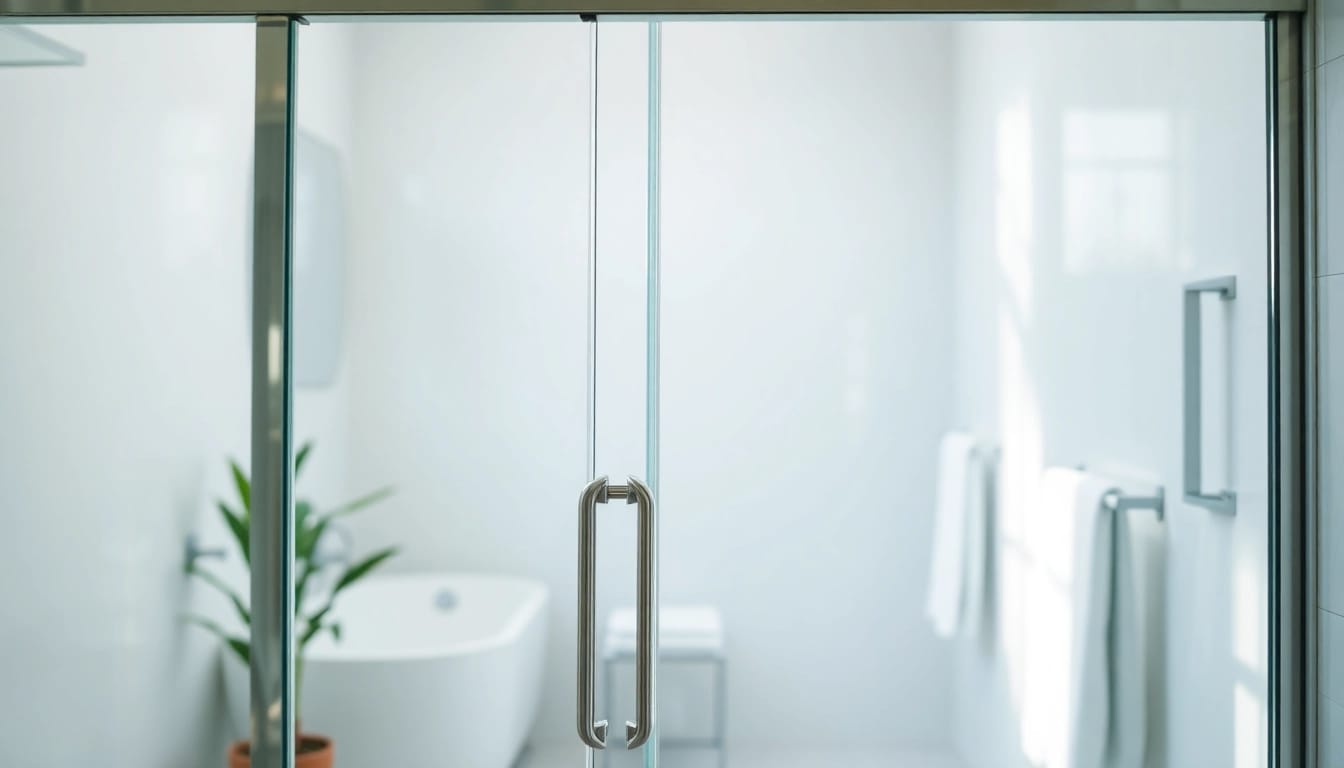 Showcase of stylish shower doors sliding, emphasizing sleek design and elegant chrome finish.