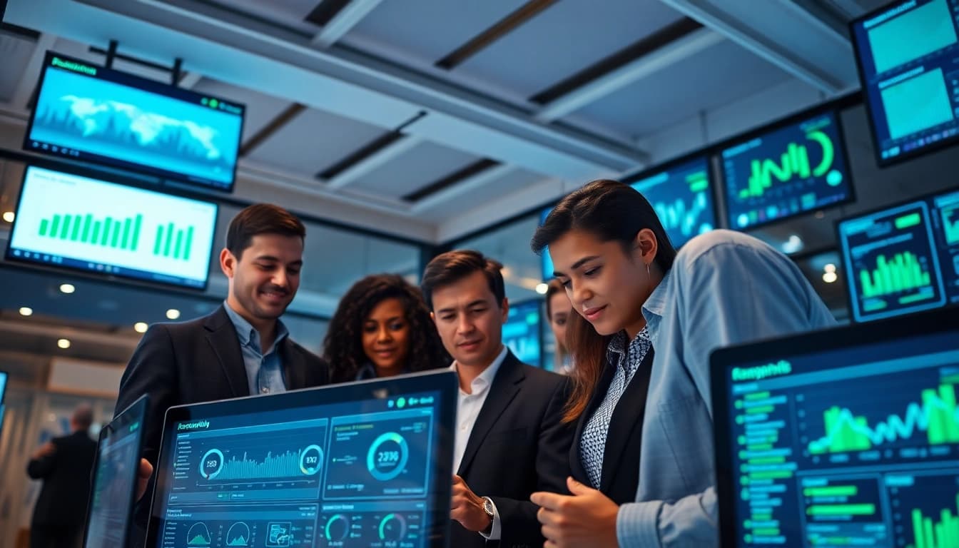 Real-time traceability software in use with professionals analyzing data in a modern office environment.