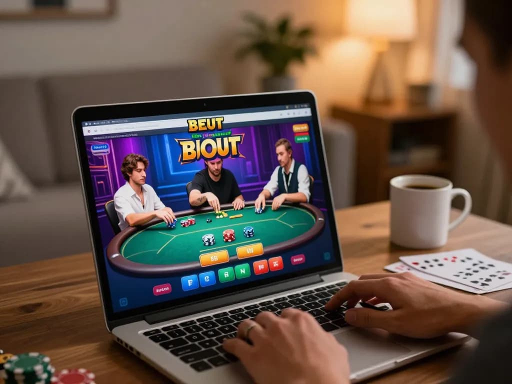 Player engaging in a 3Bet poker game on laptop, showcasing vibrant online casino interface, inviting atmosphere