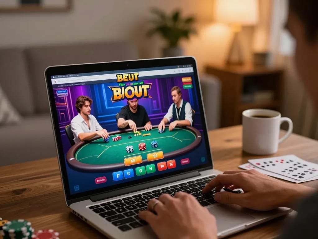 Player engaging in a 3Bet poker game on laptop, showcasing vibrant online casino interface, inviting atmosphere