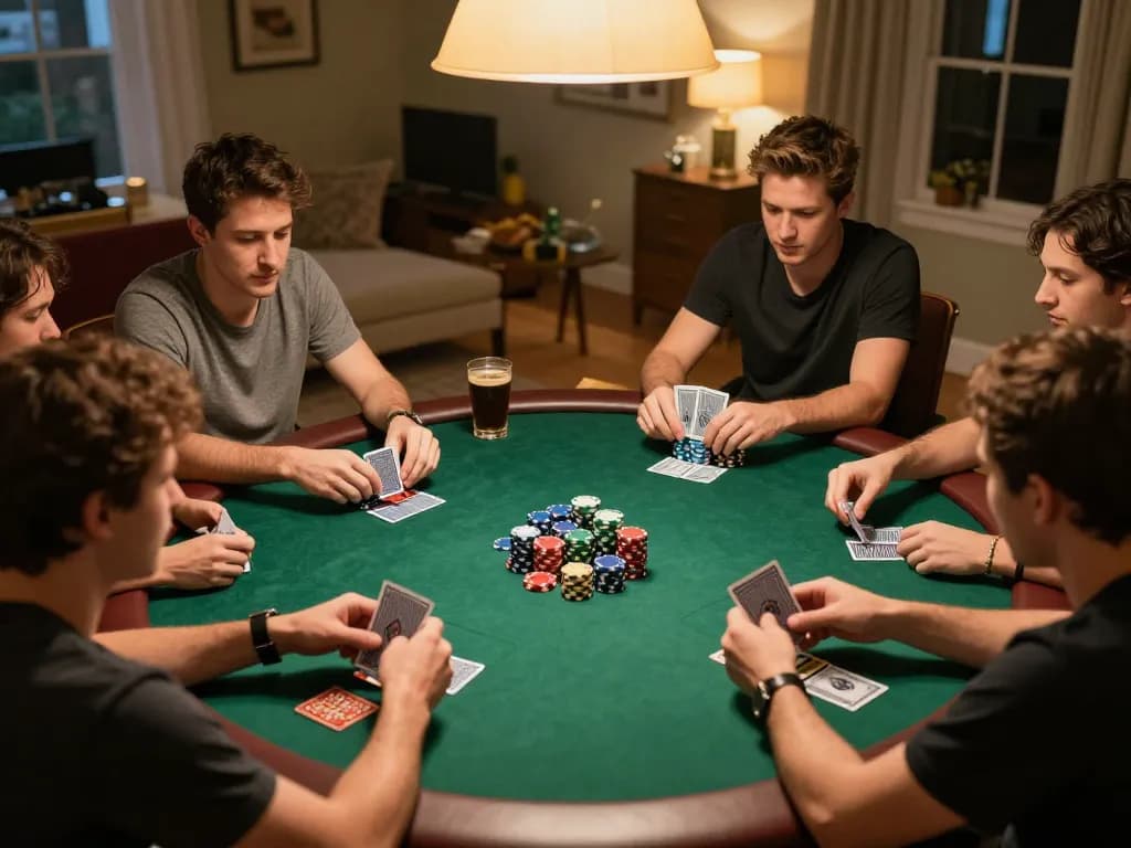 Players strategizing over a poker game at home, highlighting gg88 environment and social interaction.