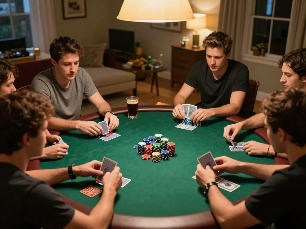 Players strategizing over a poker game at home, highlighting gg88 environment and social interaction.
