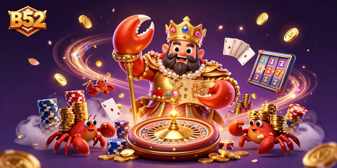 B52club brings excitement with a golden crab emperor in a vibrant casino scene featuring rich treasures.