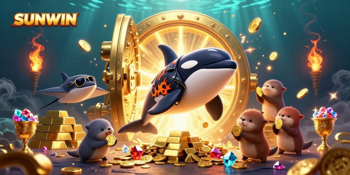 SUNWIN entertains players with a vibrant online casino scene featuring a jumping orca, cool stingray, and sea otters holding coins.