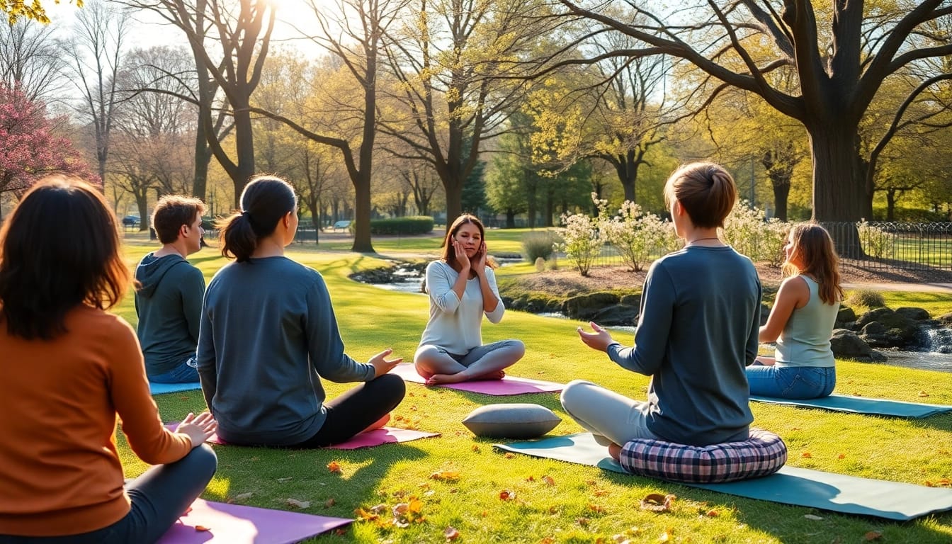 Engaged group meditation promoting mental wellness in an outdoor setting.
