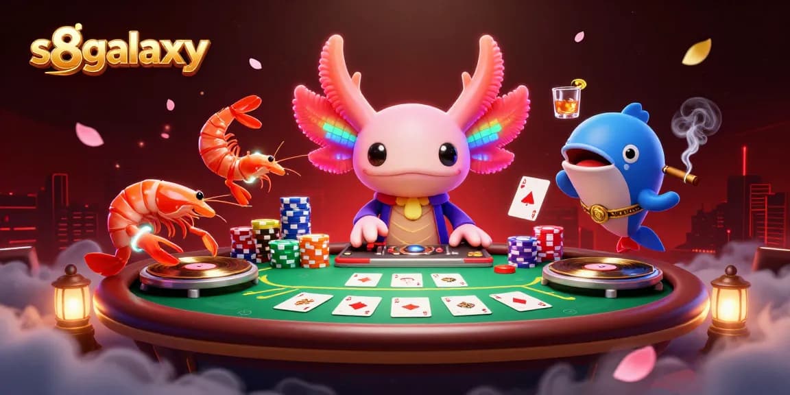 Experience vibrant gaming with s8galaxy featuring an axolotl DJ and poker elements