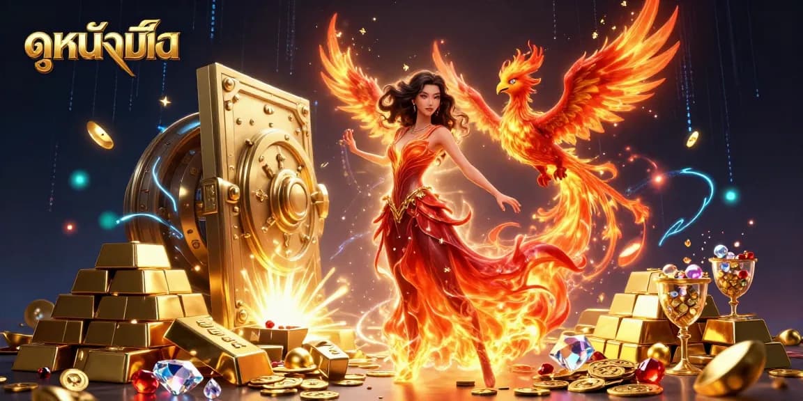 Experience ดูหนังออนไลน์ with a stunning Asian woman and her fiery phoenix companion in an opulent casino scene.