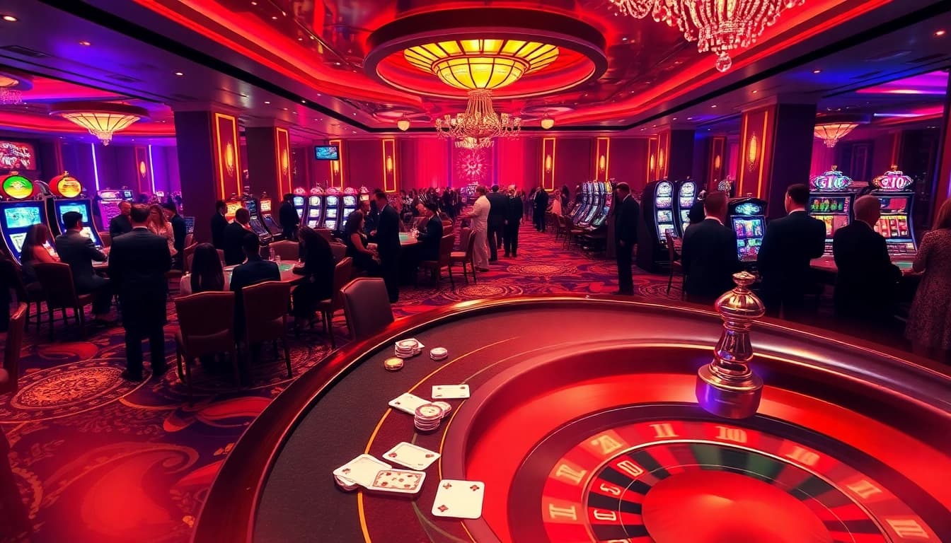 Experience the thrill of gambling at https://qq88.today/ with a vibrant casino scene featuring poker tables and roulette wheels.