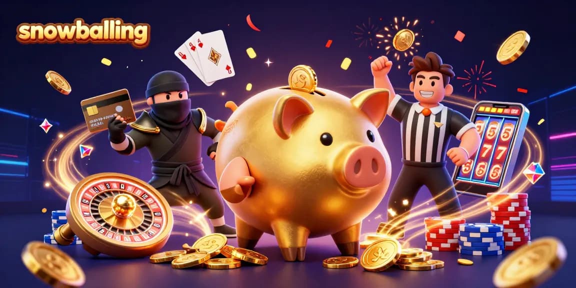 Experience thrilling snowballing action with an enormous piggy bank sumo wrestler shaking coins in a vibrant casino scene.