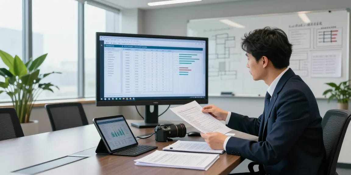 Forensic auditor analyzing financial data at aafikotabekasi.org in a modern office setting, highlighting professionalism and technology.