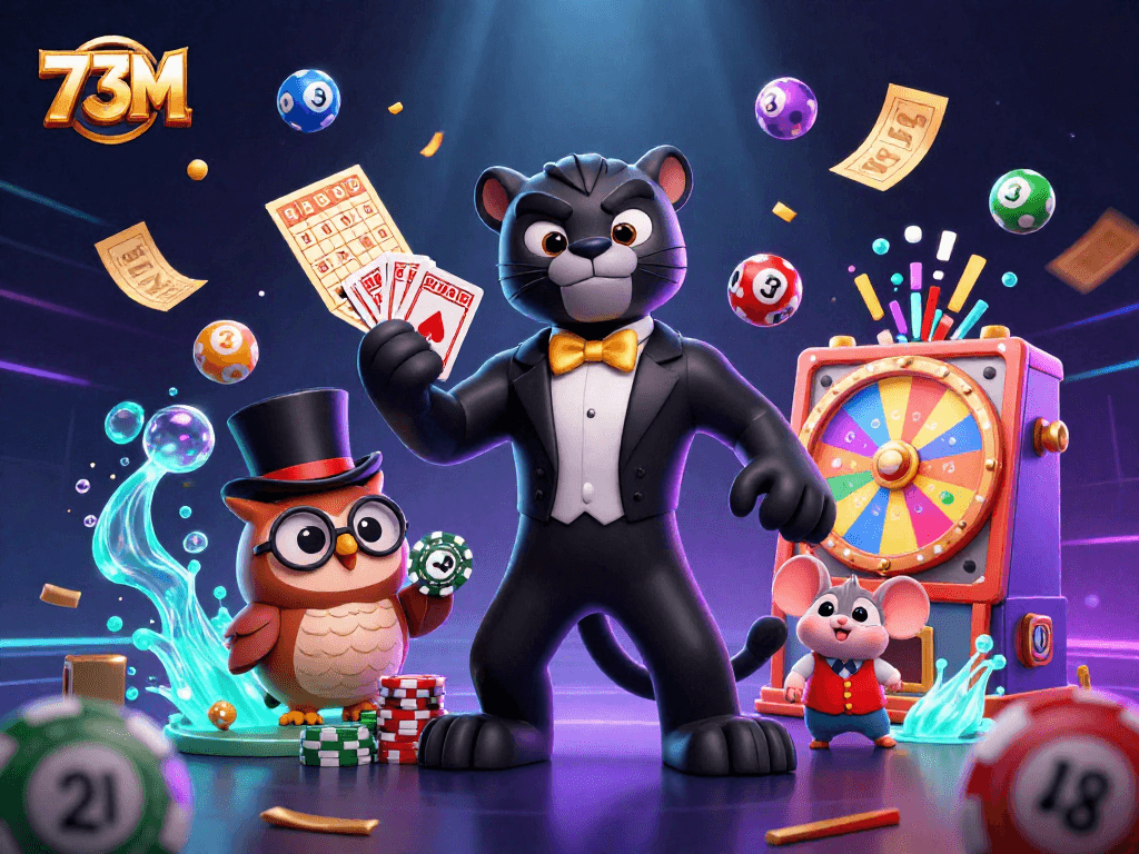 73M ganha destaque em uma ilustração vibrante de cassino com personagens e elementos de jogos de azar.