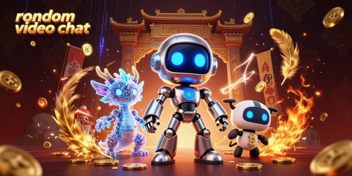 Engage in a random video chat experience with dynamic characters surrounded by gold coins and vibrant visuals.