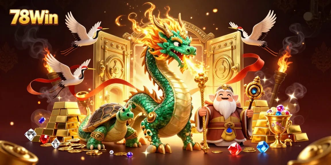 Experience thrilling gameplay at 78Win, featuring a majestic dragon and treasures in this vibrant 3D illustration.