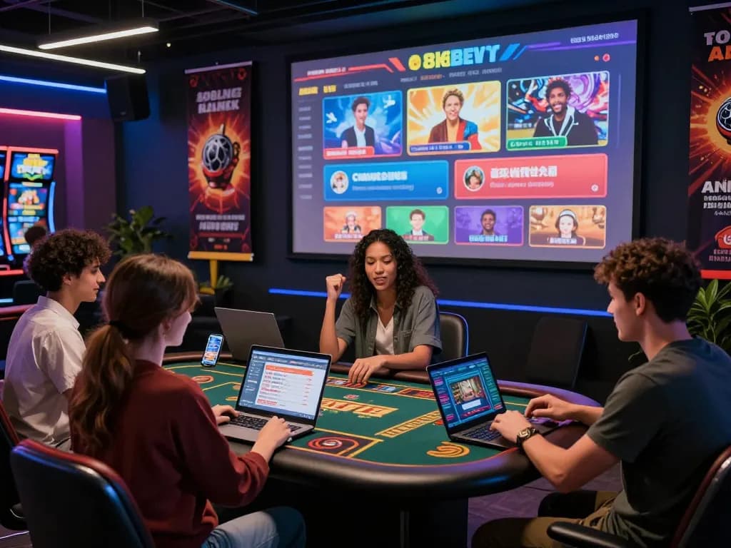 Friends engaging in online gambling on the 8KBET platform in a vibrant gaming lounge.