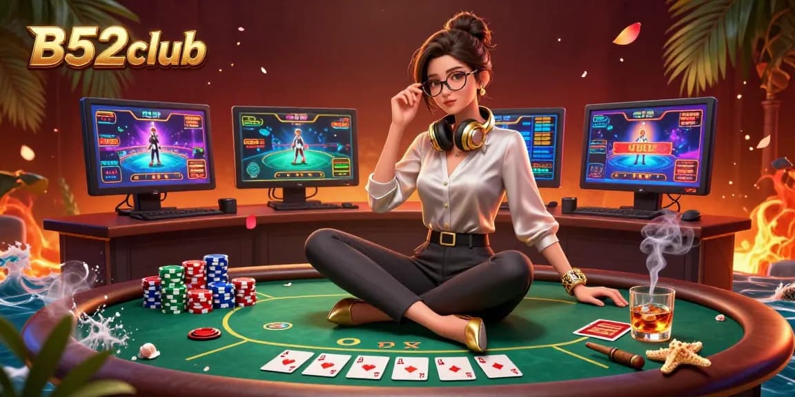 B52club offers engaging casino action with detailed visuals of gaming setups and vibrant poker elements.