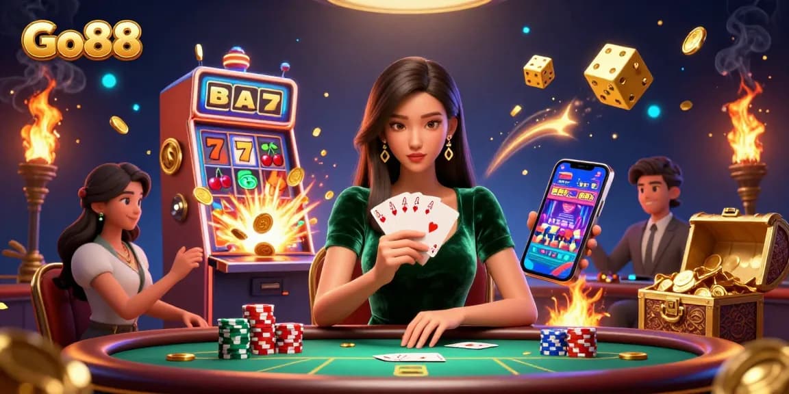 Experience the excitement of Go88 with a strategic poker play at a luxury table amidst vibrant casino action.