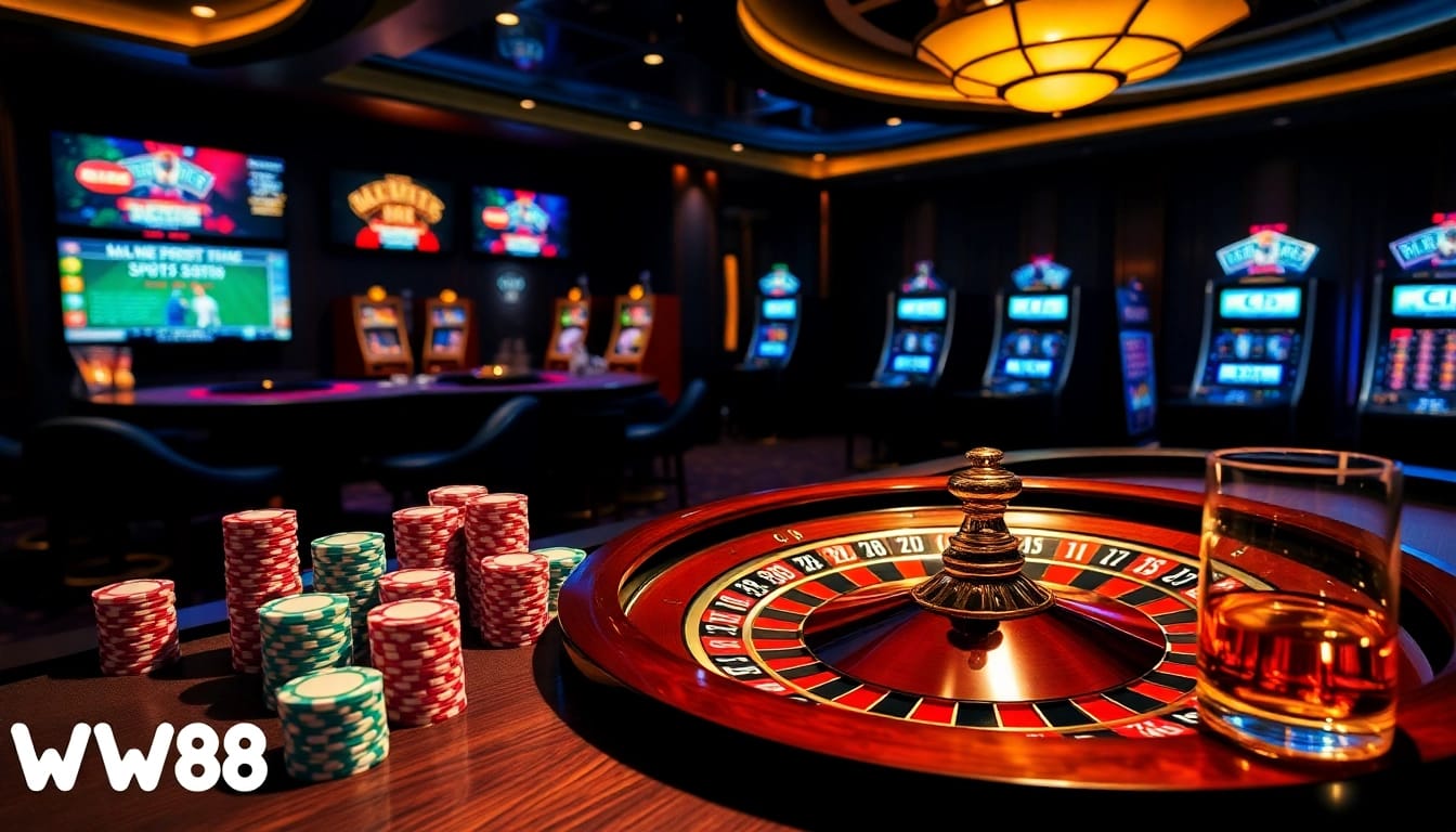 WW88 casino scene featuring roulette, poker chips, and live betting excitement.