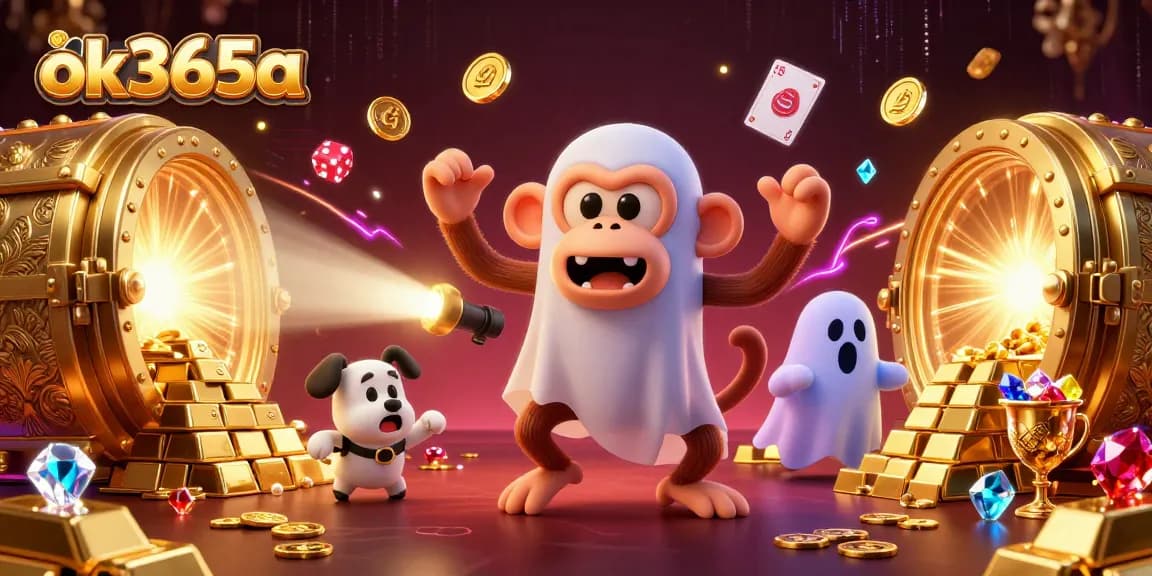 Experience the excitement at ok365a with ghostly fun in this vibrant casino illustration featuring treasure and playful characters.