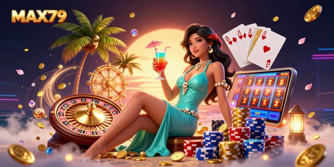 Experience thrilling gaming at MAX79 with a glamorous Asian woman in a vibrant beach casino scene.