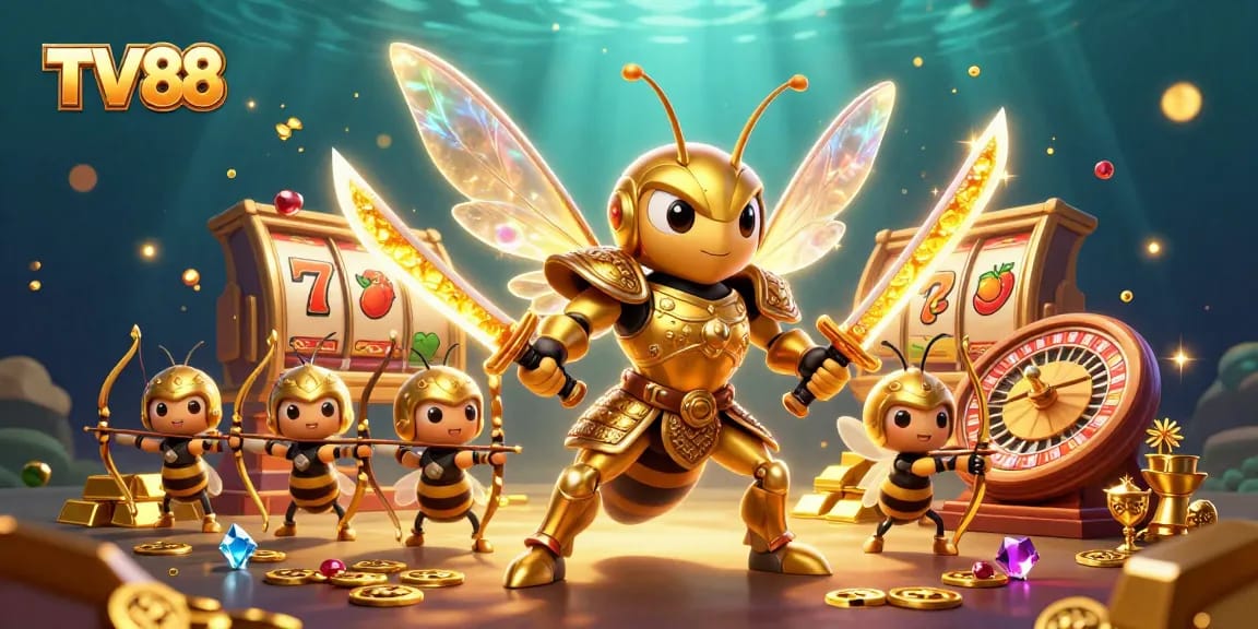Engage in thrilling gambling at TV88 with a dynamic scene featuring a golden hornet samurai and exciting gaming elements.